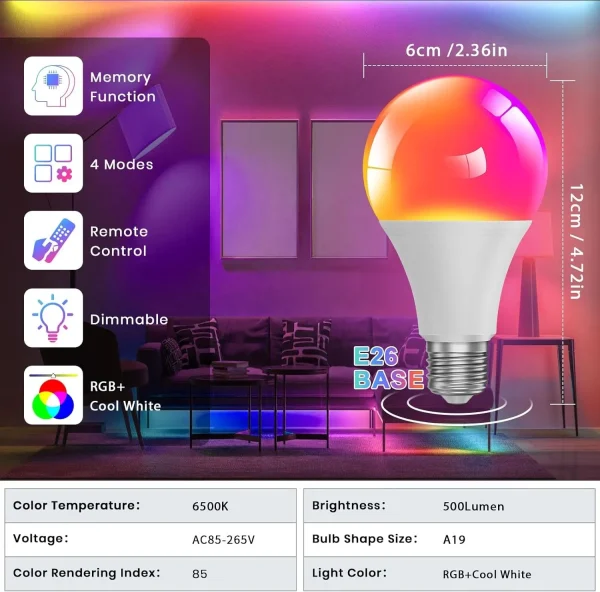 RGBW Remote Control A19 E27 B22  Led Smart Spotlight 24 Key Dimming Colorful Lights Party Bars Office Atmosphere AC100-240V 10W - Image 2