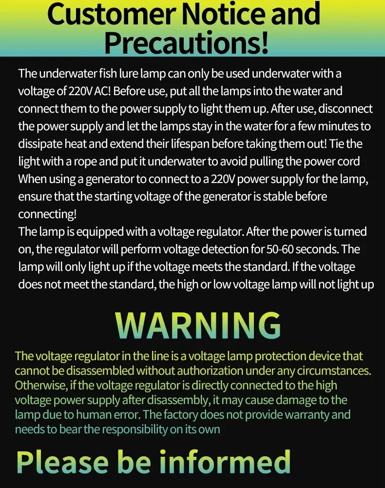 IP68 underwater fishing lights customer notice and precautions and WARNING